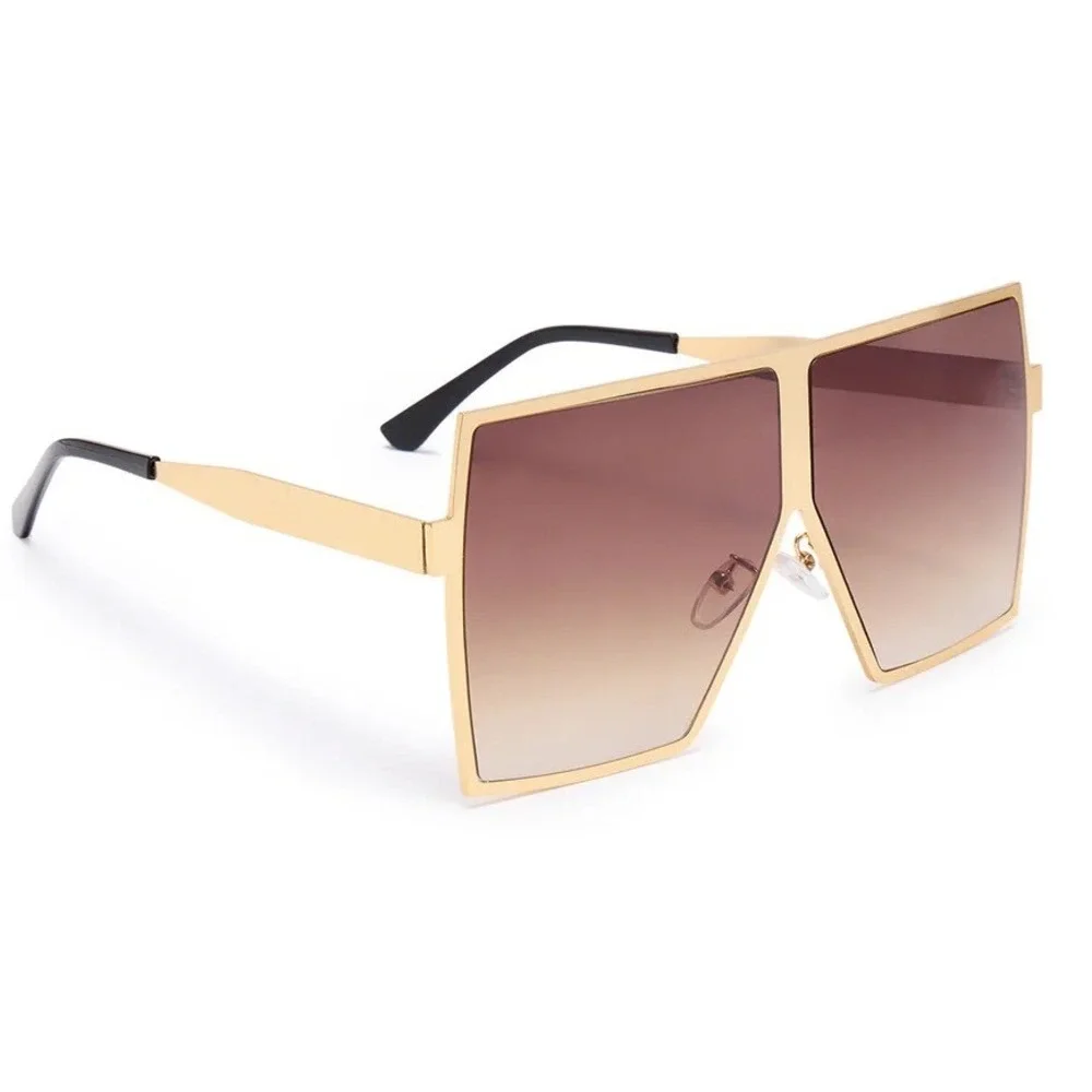Oversized Square Sunglasses‎ Men Gold Frame Gradient Brown Lenses Fashion Shades